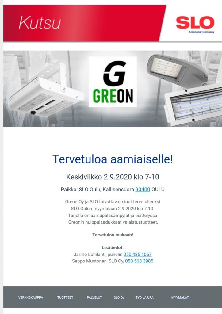 SLO kutsuu aamiaiselle ja samalla tutustumaan 2.9.2020 Greonnin laadukkaisiin tuotteisiin.